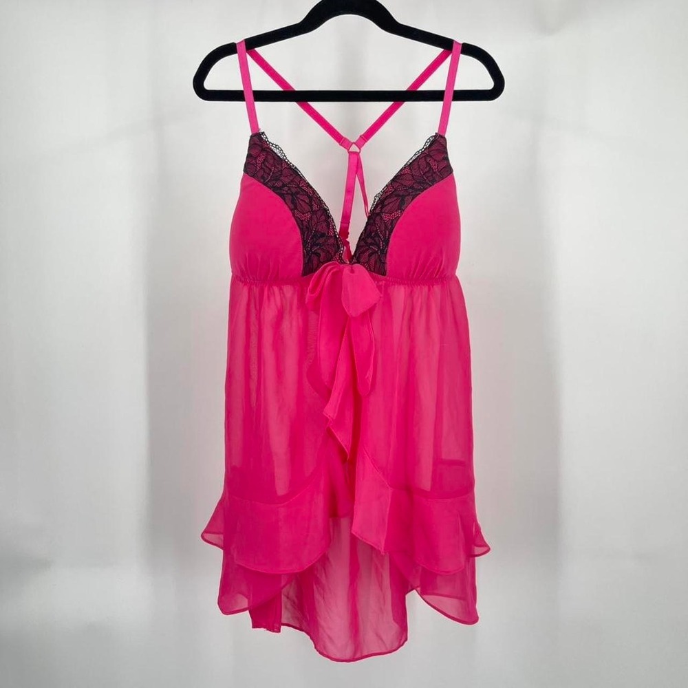 Y2K Sheer Babydoll Slip Dress Lingerie Lace Bow Pink Ruffle Coquette Romantic‎ M